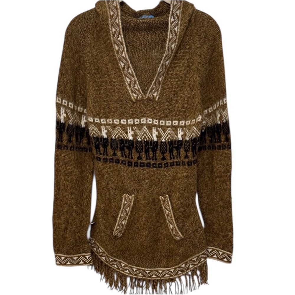 Boho Brown Hooded Knit Sweater Longline Fringe Hem Alpaca-Like Festival